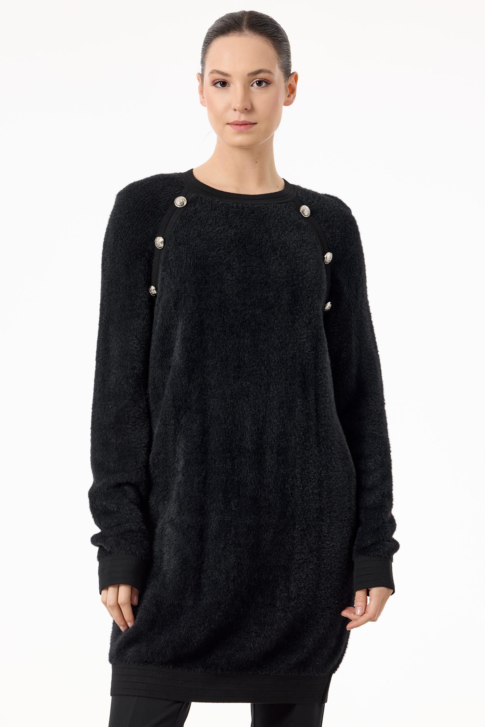 Reglan Kollu Düğme Detaylı Mink Tunik SİYAH