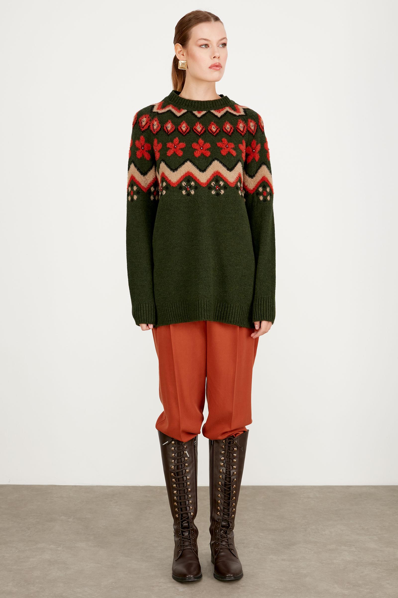 ROBASI DESEN DETAYLI İŞLEMELİ TRİKO TUNİK HAKİ