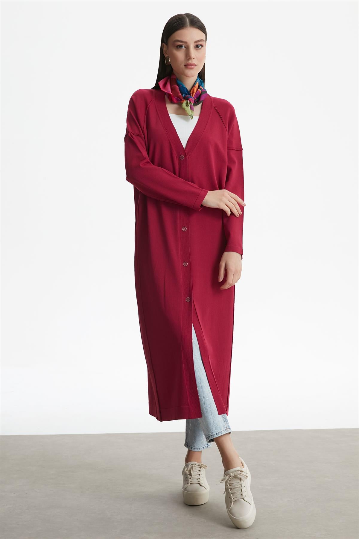 TERS  DİKİŞ DETAYLI RAYON HIRKA FUŞYA