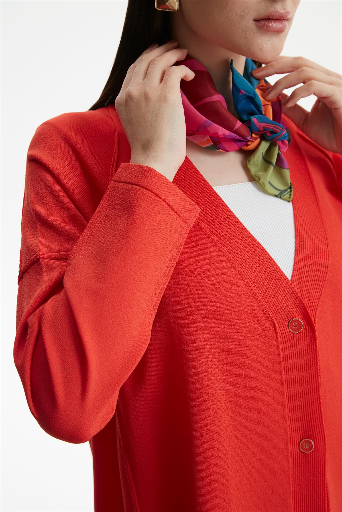 TERS  DİKİŞ DETAYLI RAYON HIRKA KIRMIZI