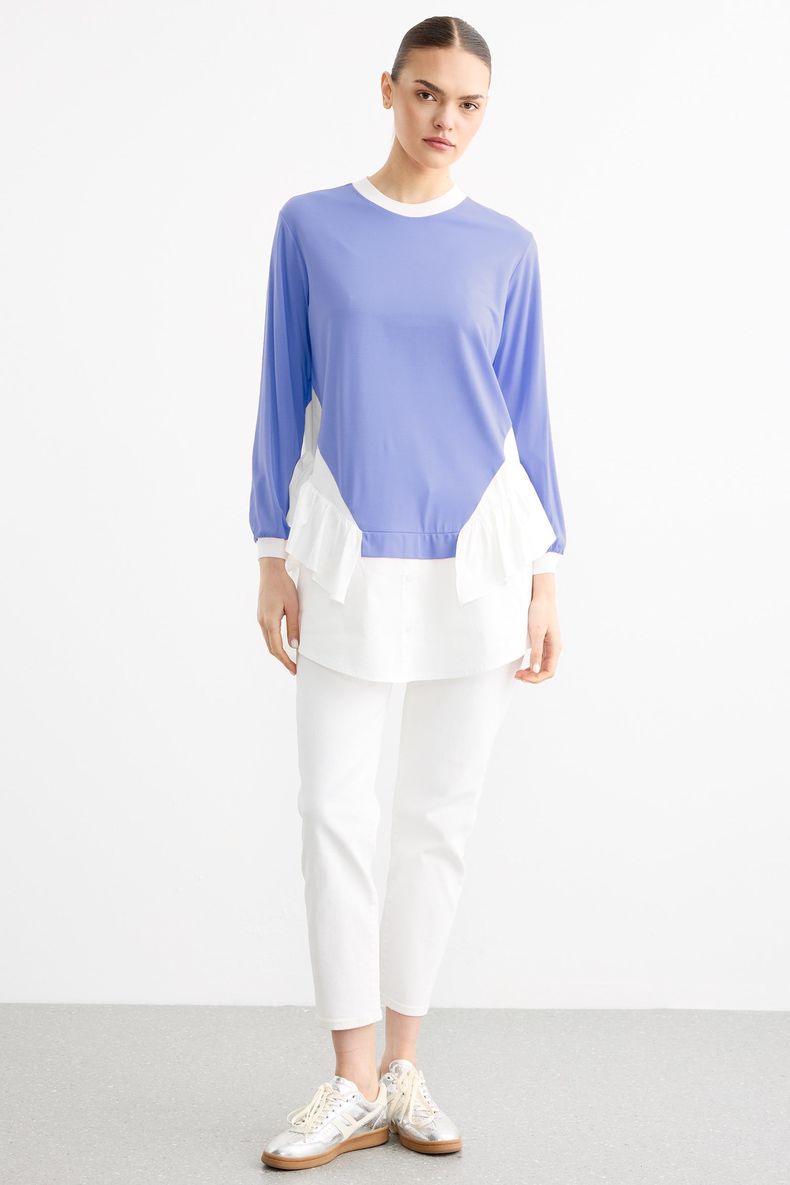 Poplin Mixli Volanlı Tunik MAVİ