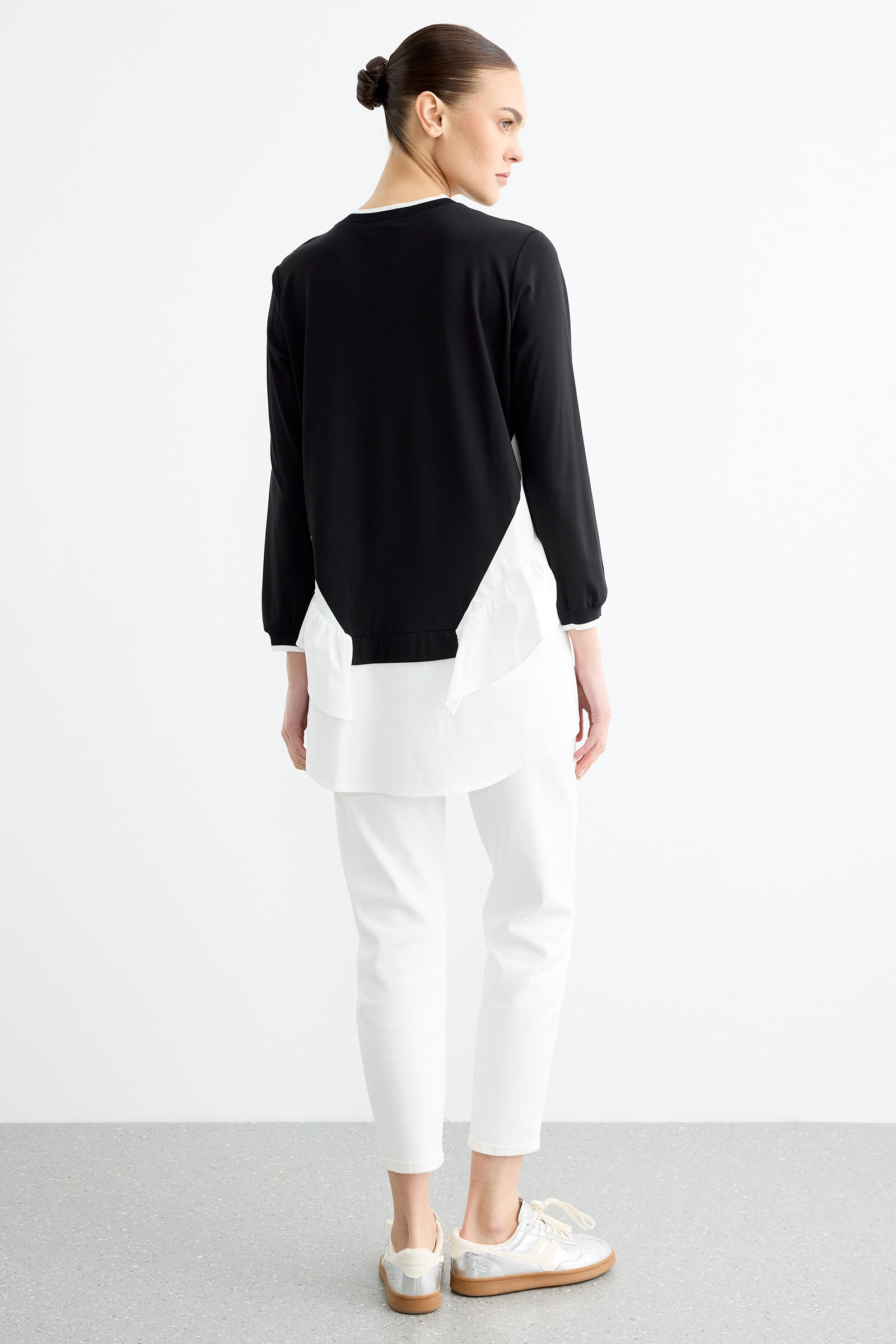 Poplin Mixli Volanlı Tunik SİYAH