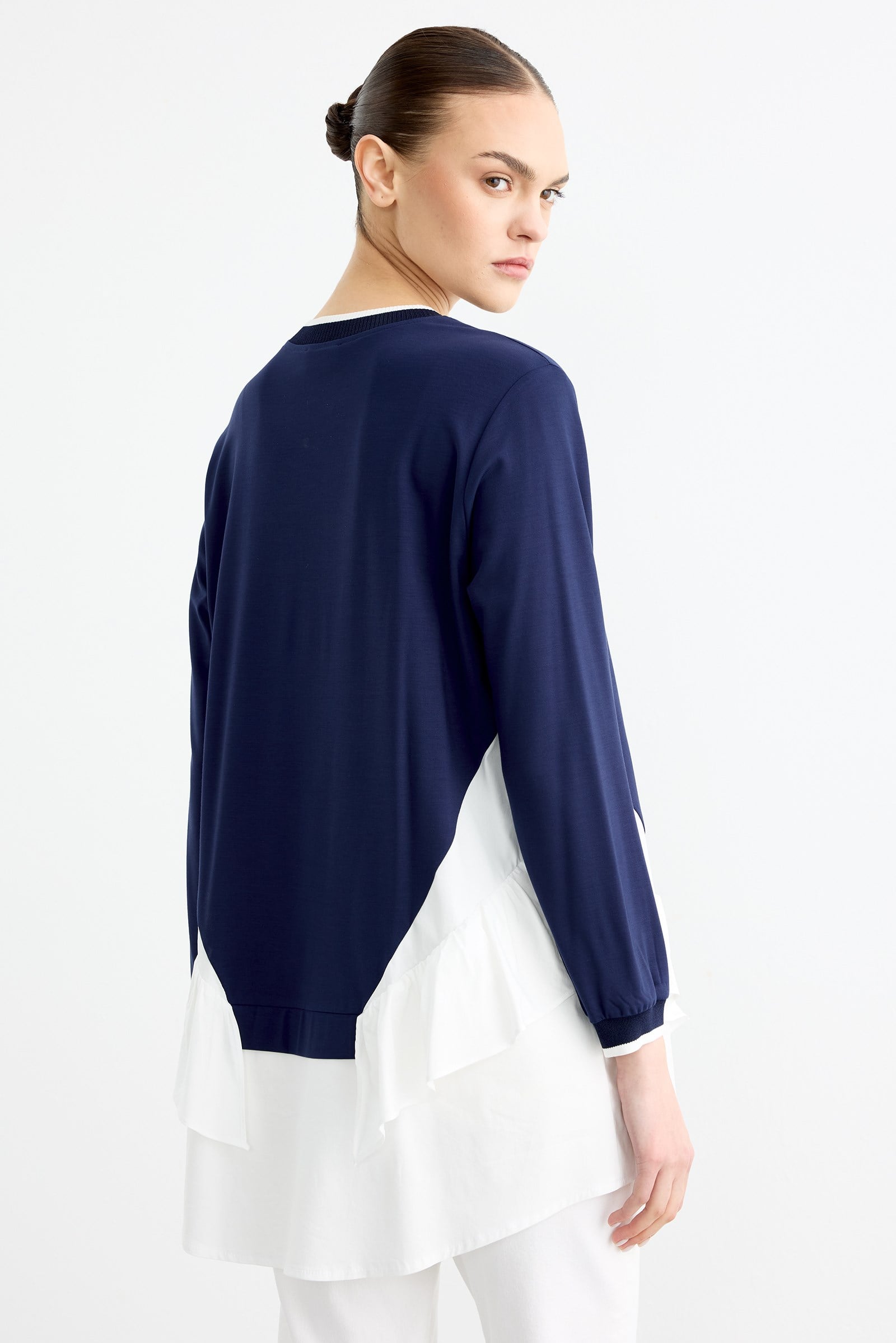 Poplin Mixli Volanlı Tunik LACİVERT