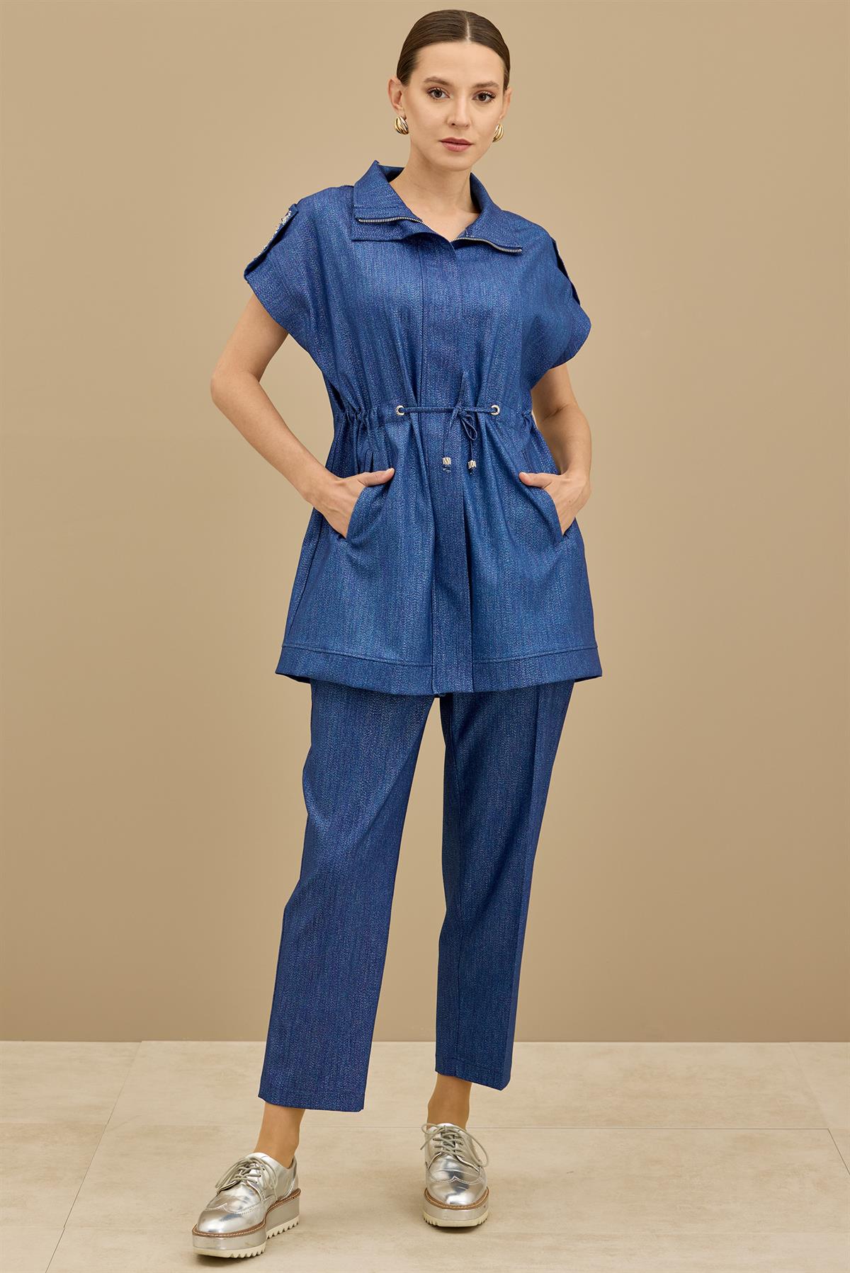 Apoletleri Taşlı Simli Denim Yelekli Takım İNDİGO