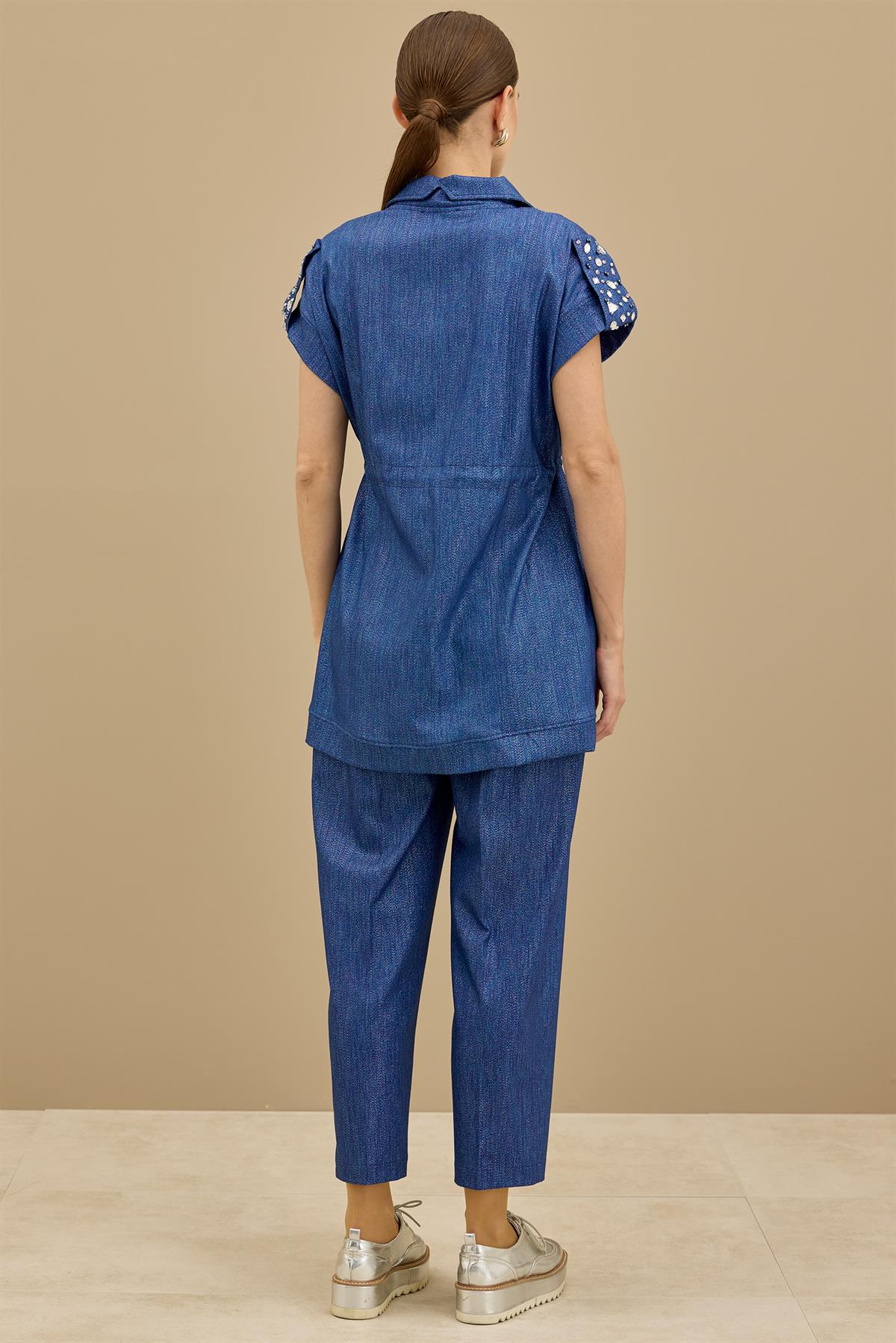 Apoletleri Taşlı Simli Denim Yelekli Takım İNDİGO