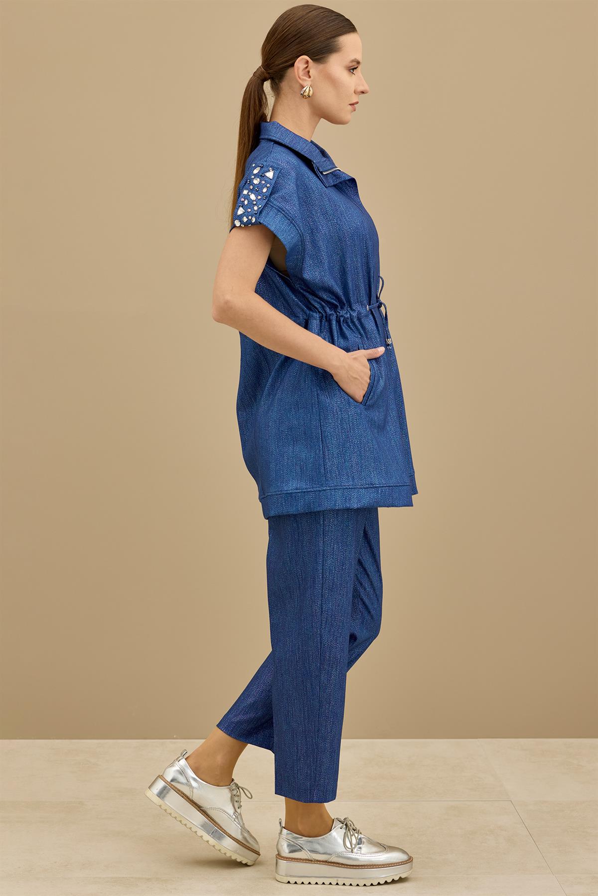 Apoletleri Taşlı Simli Denim Yelekli Takım İNDİGO