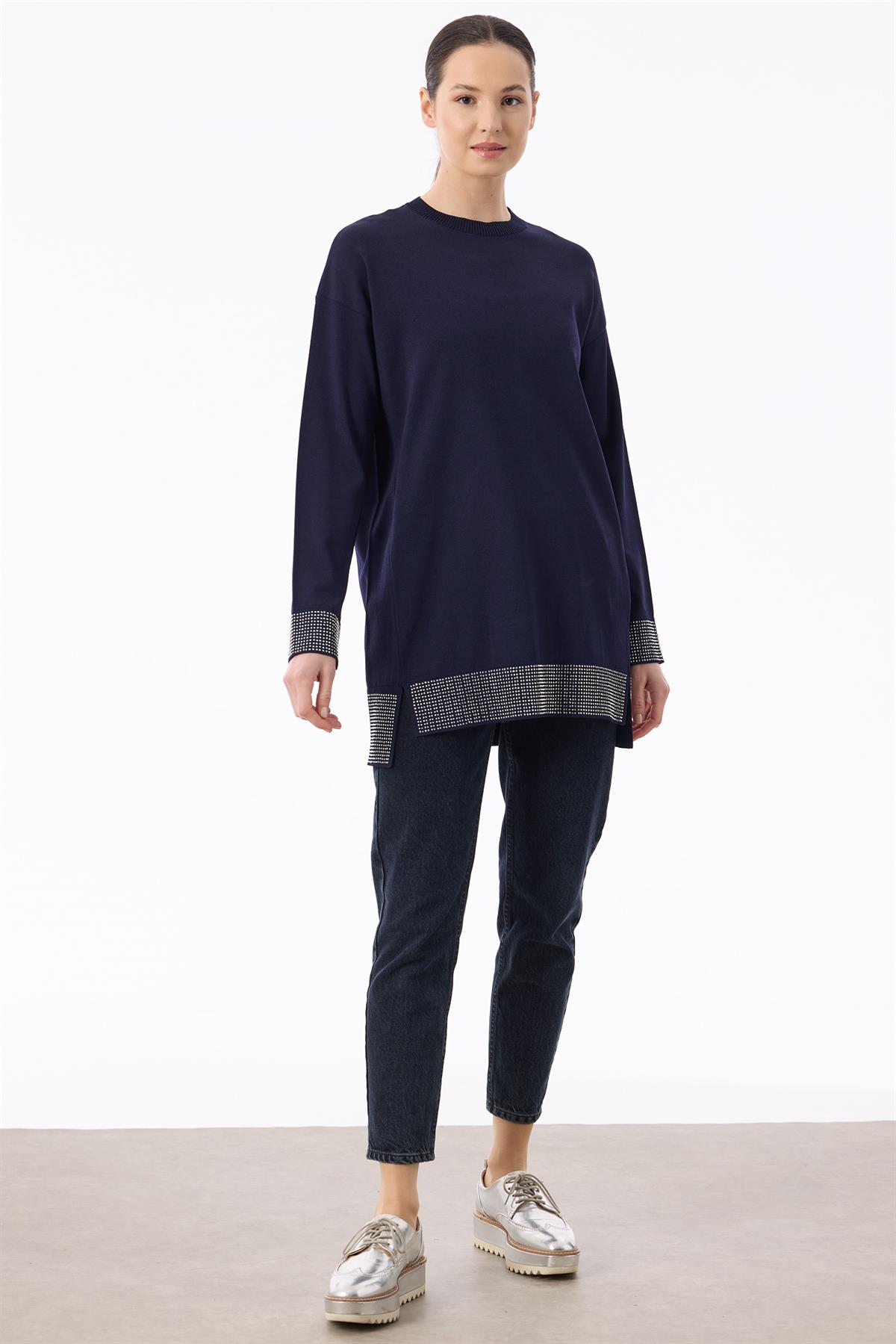 Taş Baskılı Rayon Tunik  LACİVERT