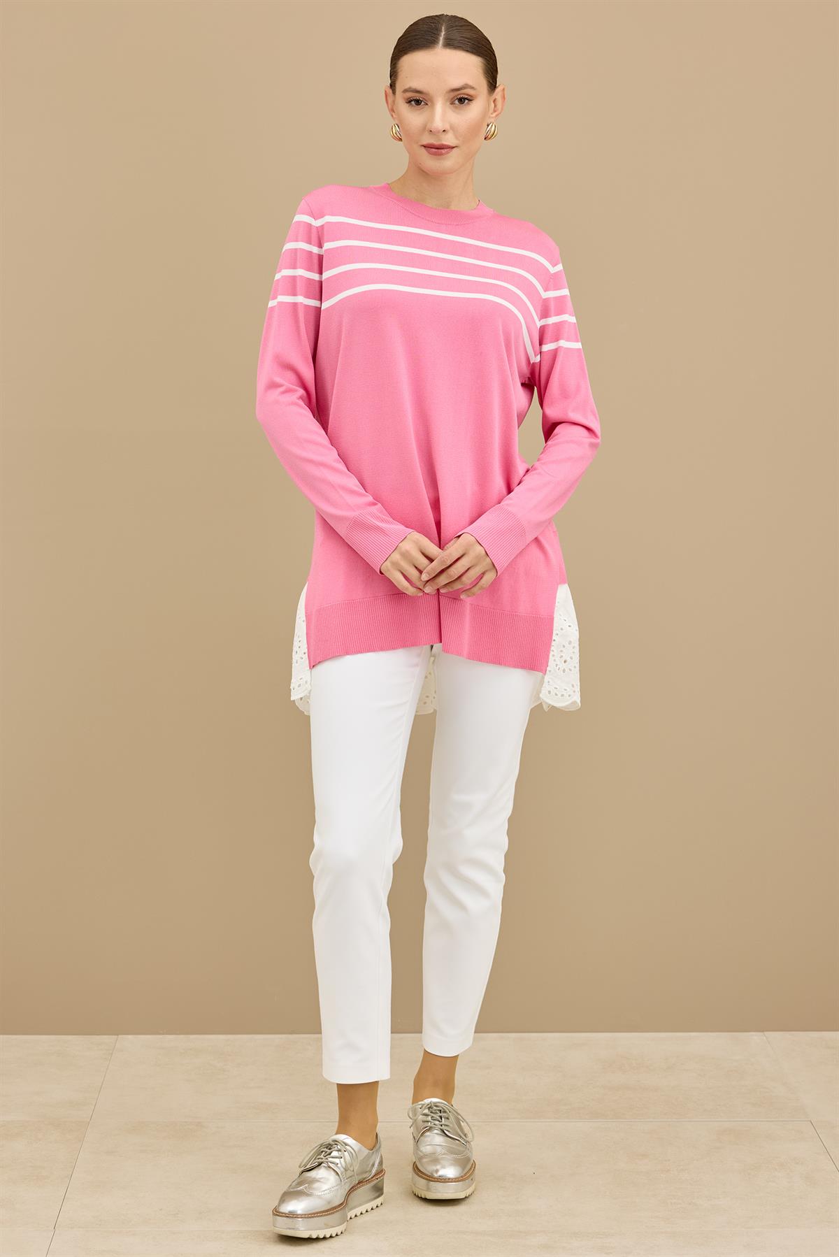 Arkası Güpür Çizgili Rayon Tunik PEMBE