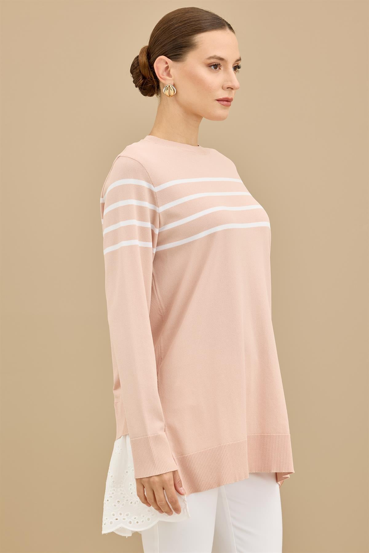 Arkası Güpür Çizgili Rayon Tunik PUDRA