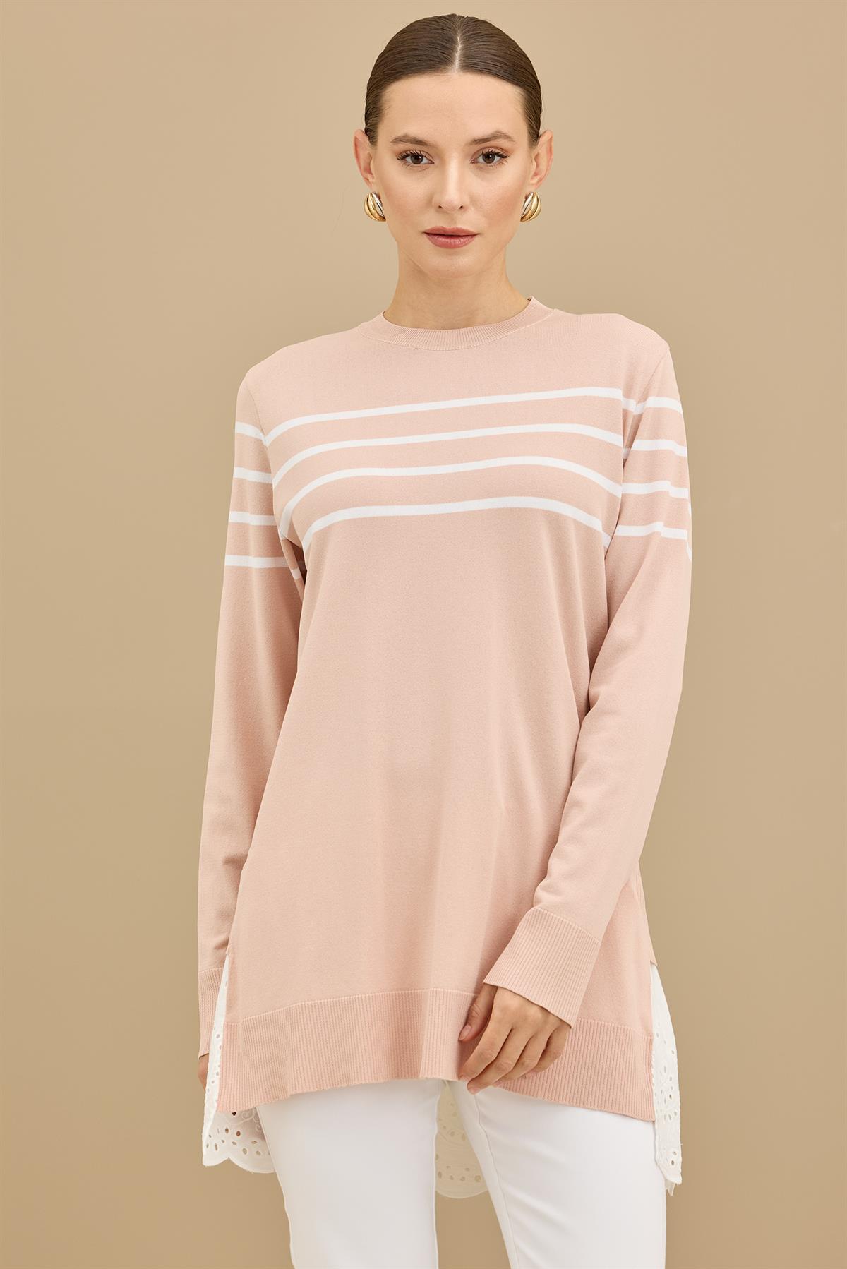 Arkası Güpür Çizgili Rayon Tunik PUDRA