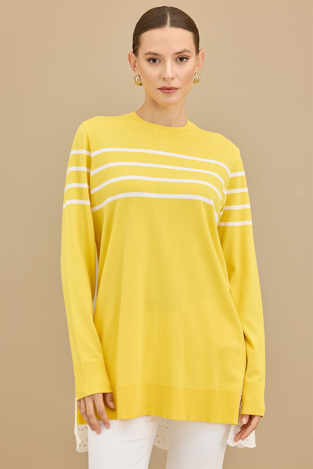Arkası Güpür Çizgili Rayon Tunik SARI