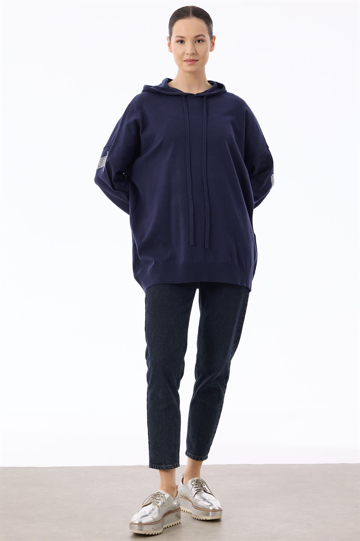 Arkası Taş Yazı Baskılı Kapüşonlu Tunik LACİVERT