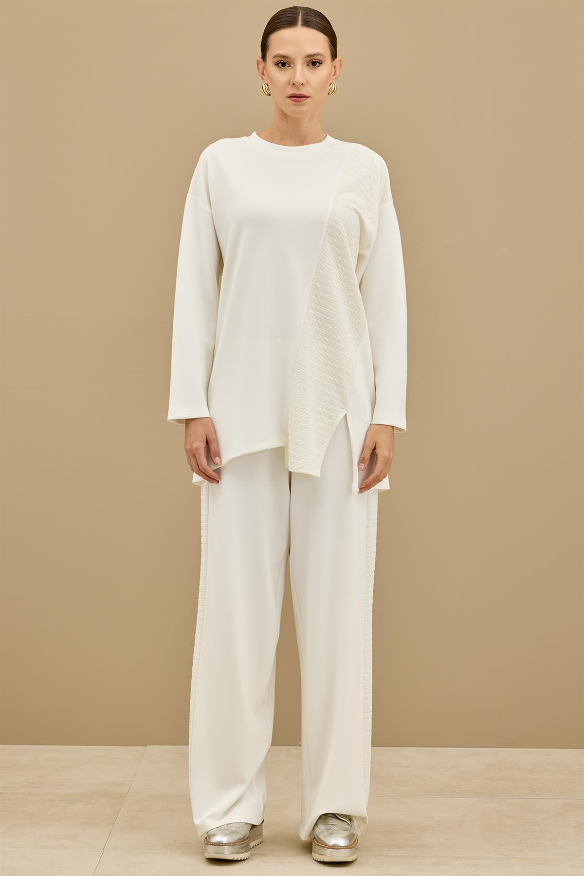 Asimetrik Garnili Pantolonlu Takım EKRU