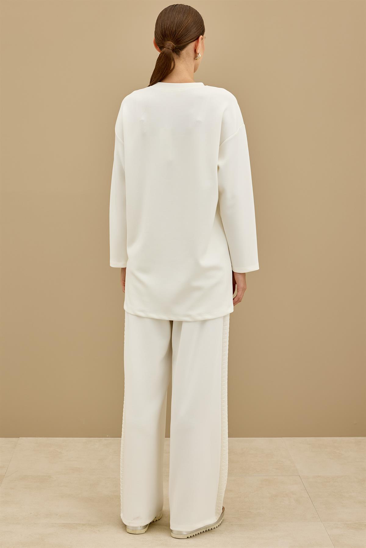 Asimetrik Garnili Pantolonlu Takım EKRU