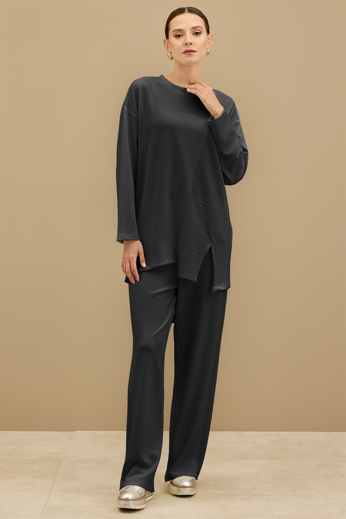 Asimetrik Garnili Pantolonlu Takım SİYAH
