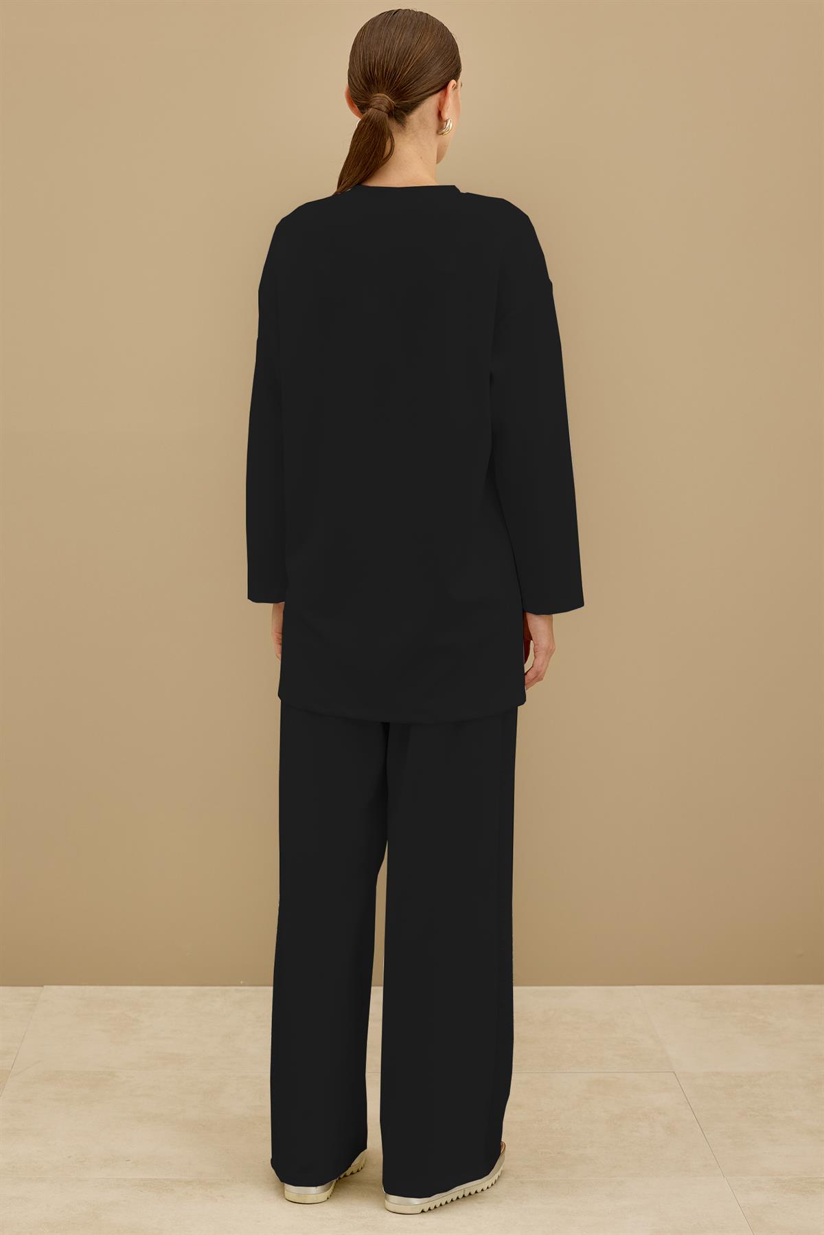 Asimetrik Garnili Pantolonlu Takım SİYAH