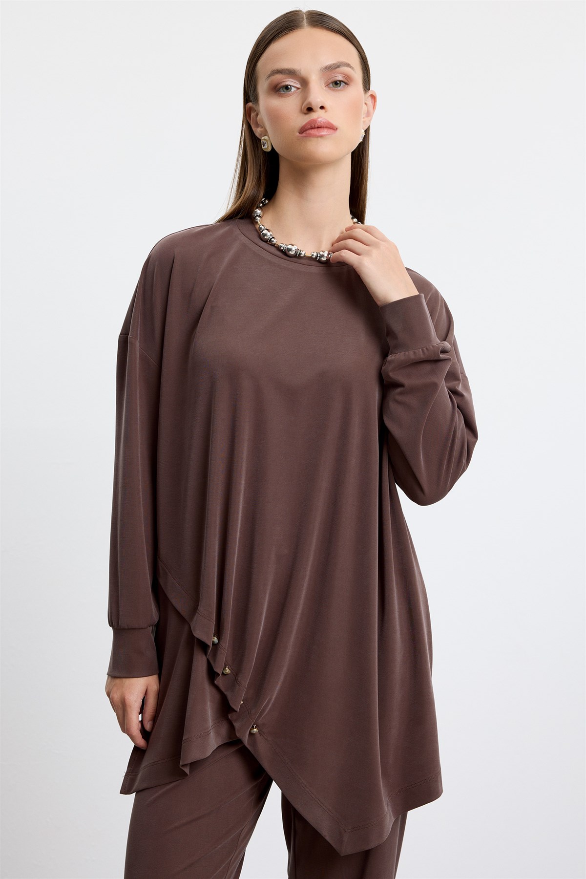 Asimetrik Tunik Pantolonlu Takım KAHVE