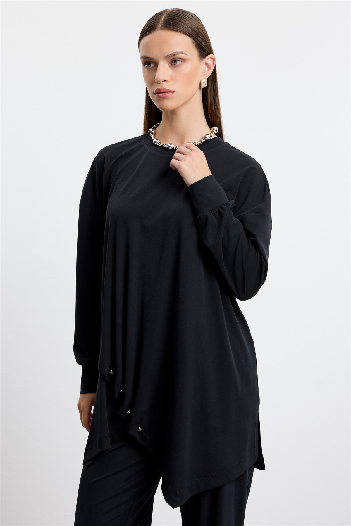 Asimetrik Tunik Pantolonlu Takım SİYAH
