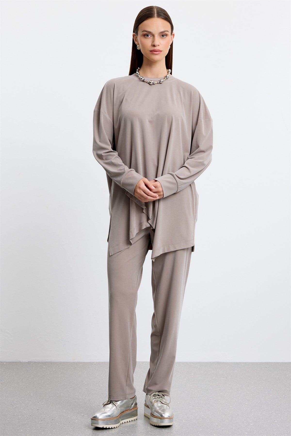 Asimetrik Tunik Pantolonlu Takım VİZON