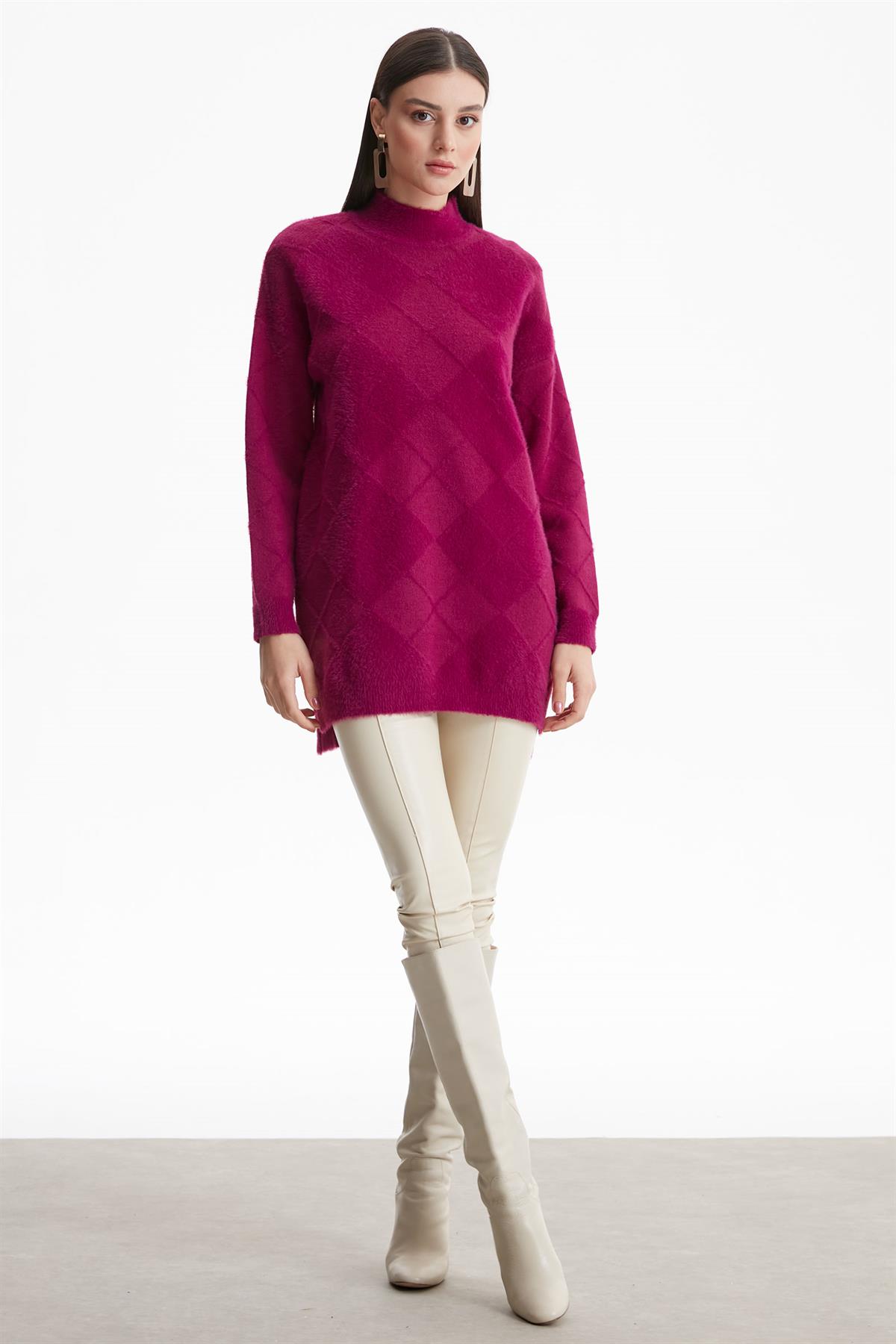 BAKLAVA DESENLİ MİNK TUNİK FUŞYA