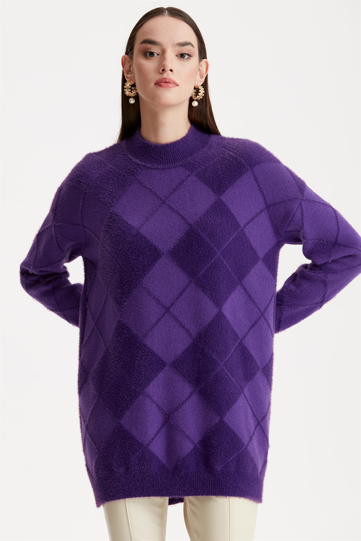 BAKLAVA DESENLİ MİNK TUNİK MOR