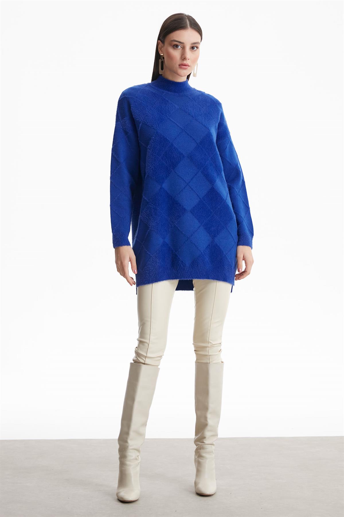 BAKLAVA DESENLİ MİNK TUNİK SAKS