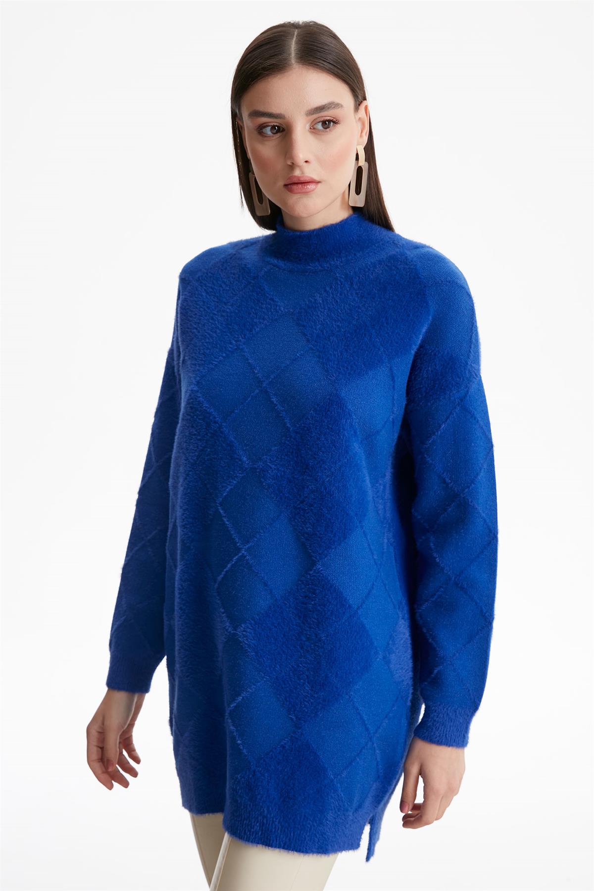 BAKLAVA DESENLİ MİNK TUNİK SAKS