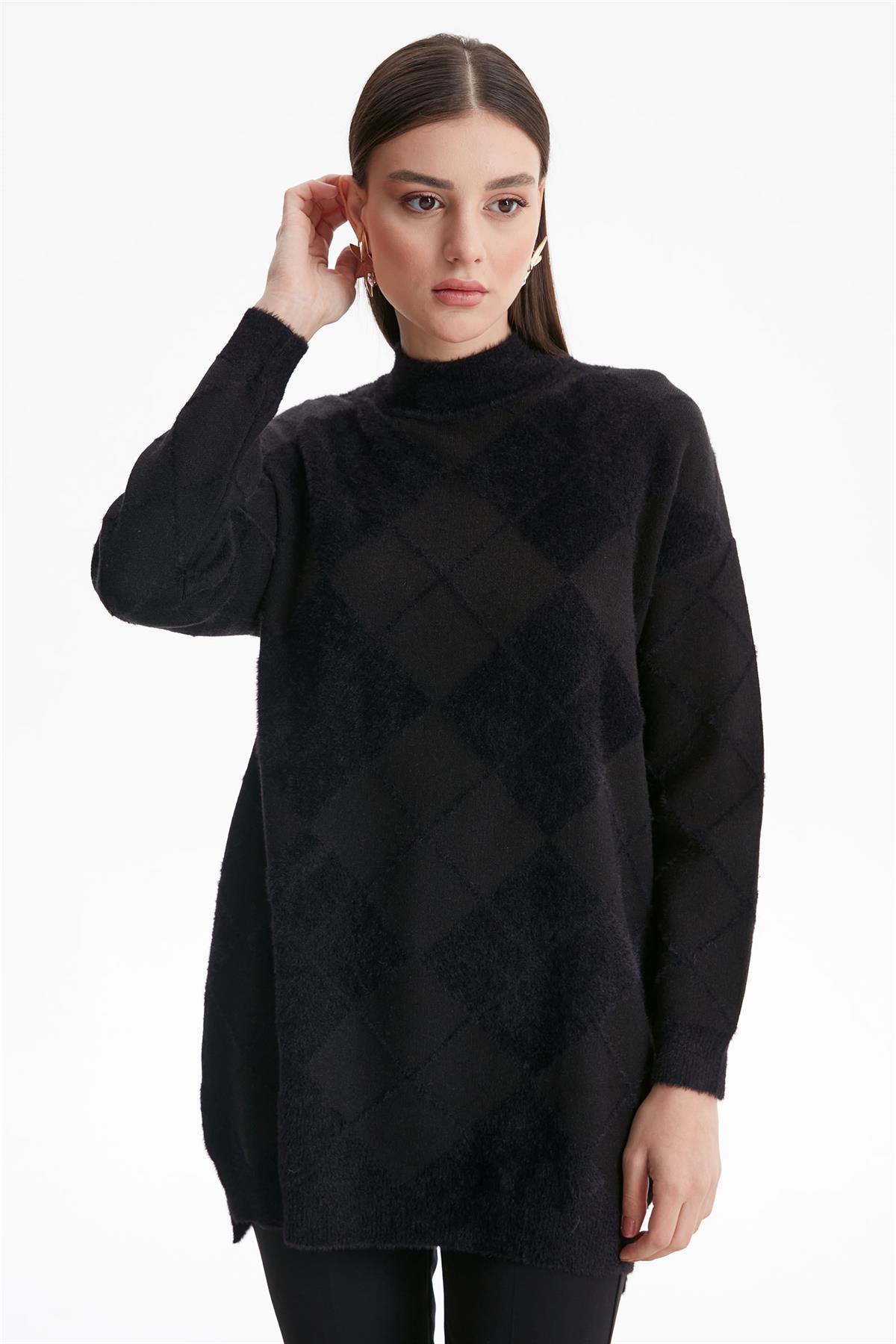 BAKLAVA DESENLİ MİNK TUNİK SİYAH