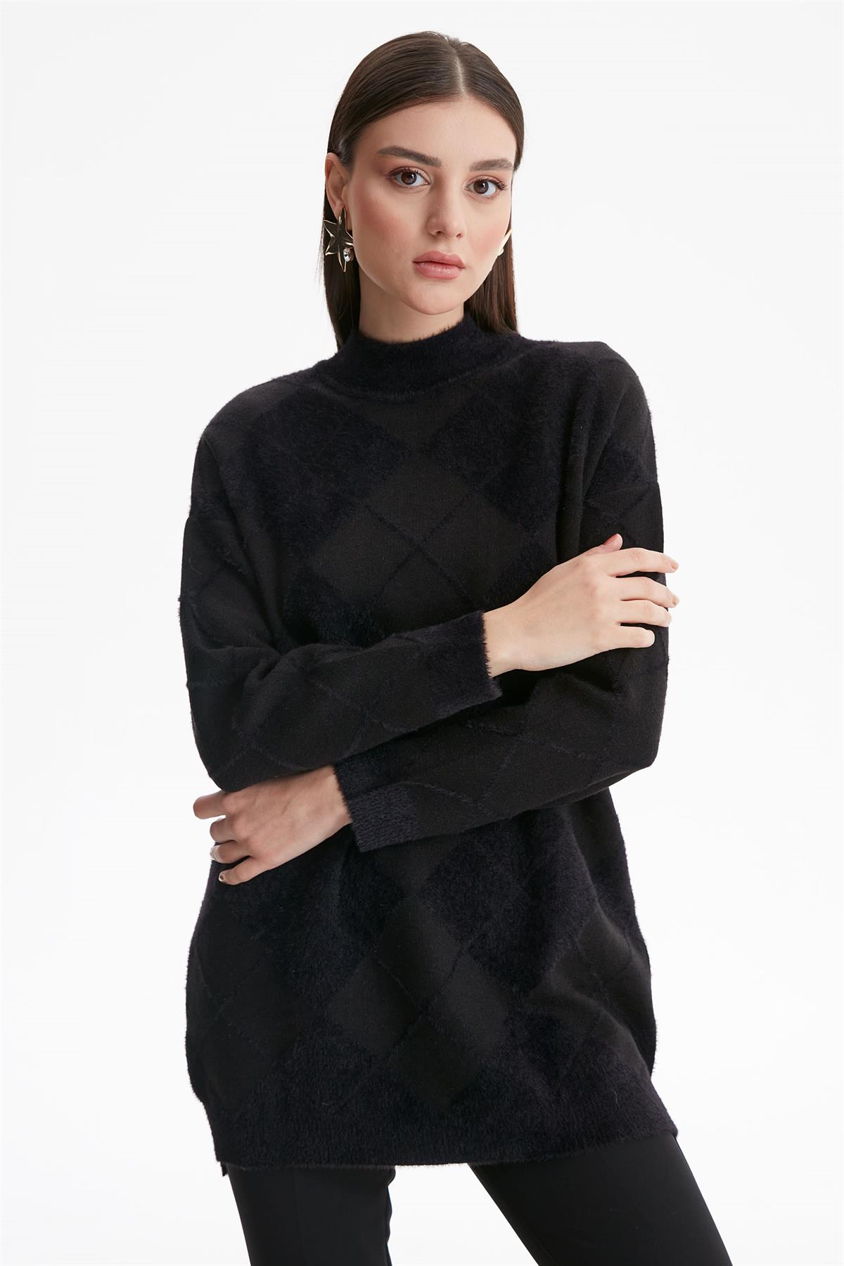 BAKLAVA DESENLİ MİNK TUNİK SİYAH