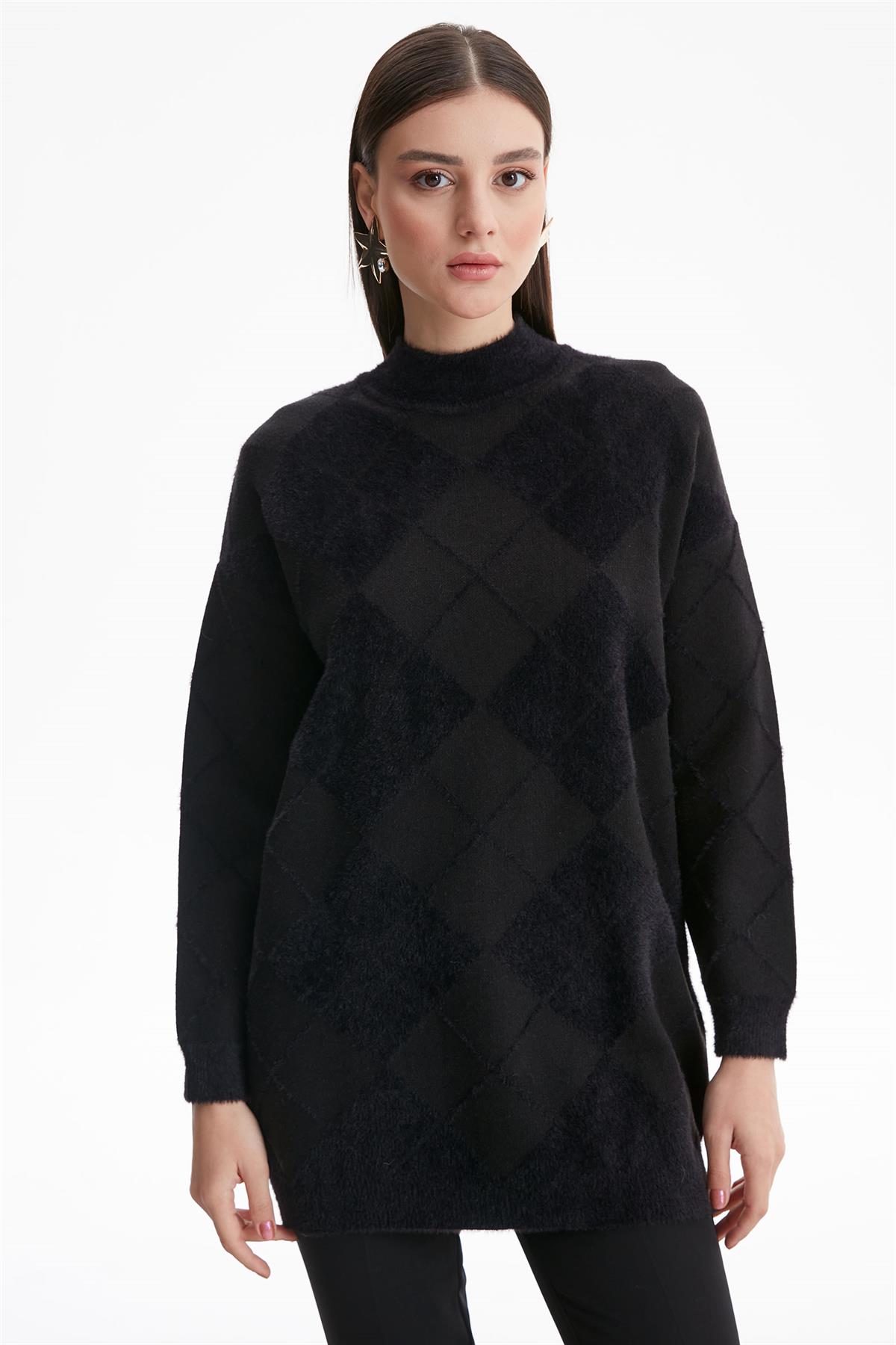 BAKLAVA DESENLİ MİNK TUNİK SİYAH