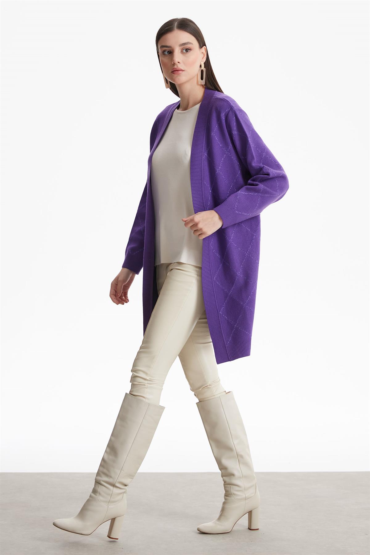 BAKLAVA DESENLİ SİMLİ HIRKA MOR