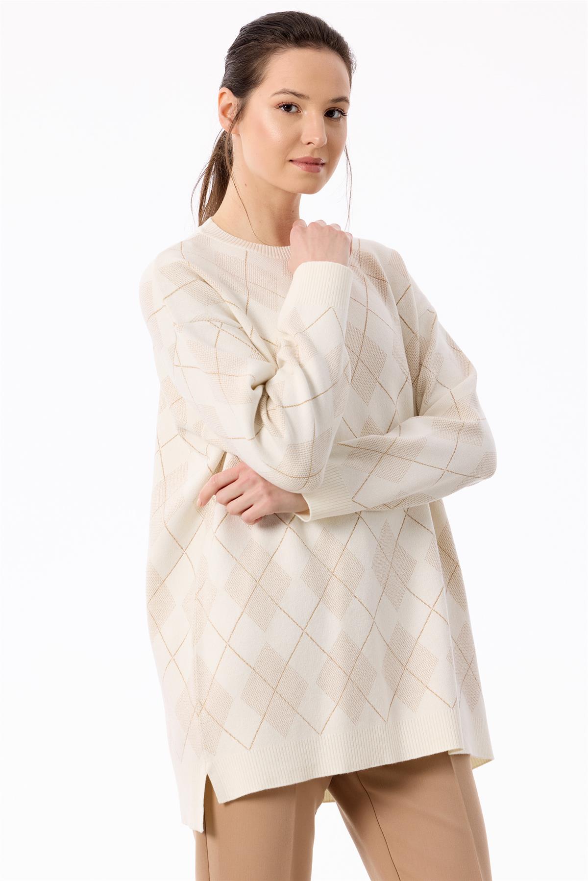 Baklava Desenli Triko Tunik EKRU