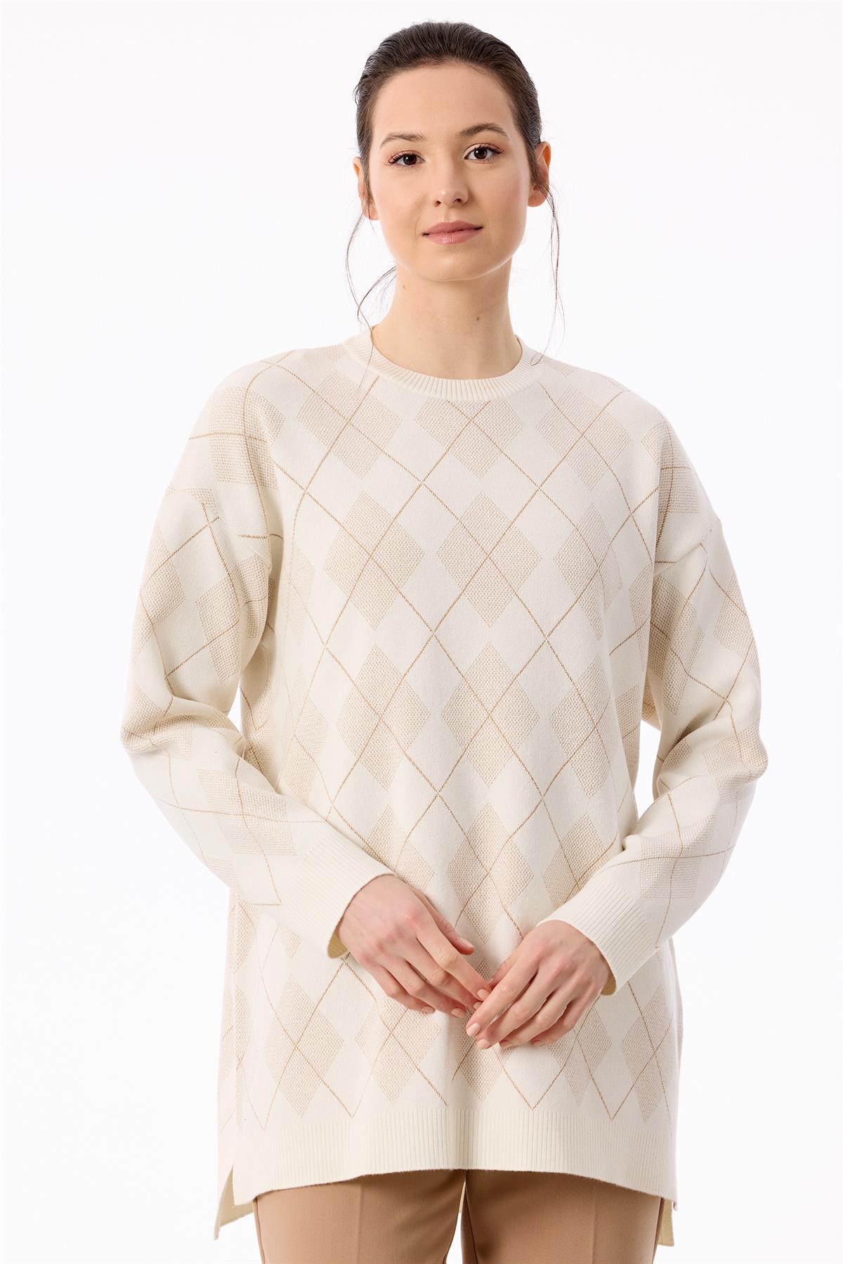 Baklava Desenli Triko Tunik EKRU