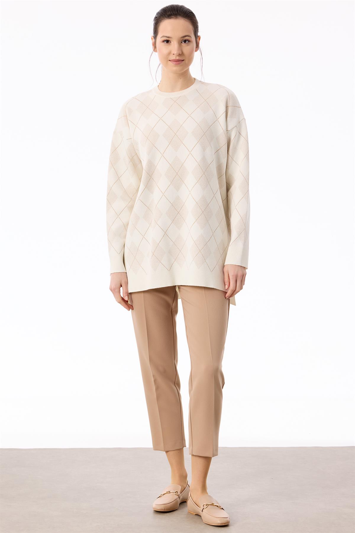 Baklava Desenli Triko Tunik EKRU