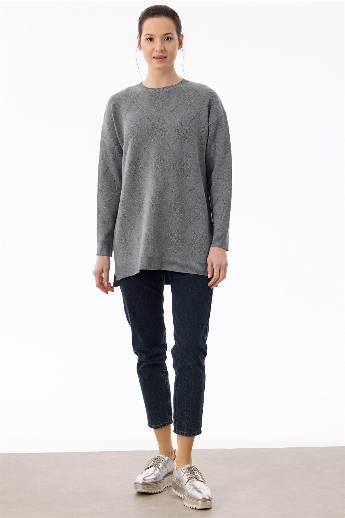 Baklava Desenli Triko Tunik GRİ MELANJ