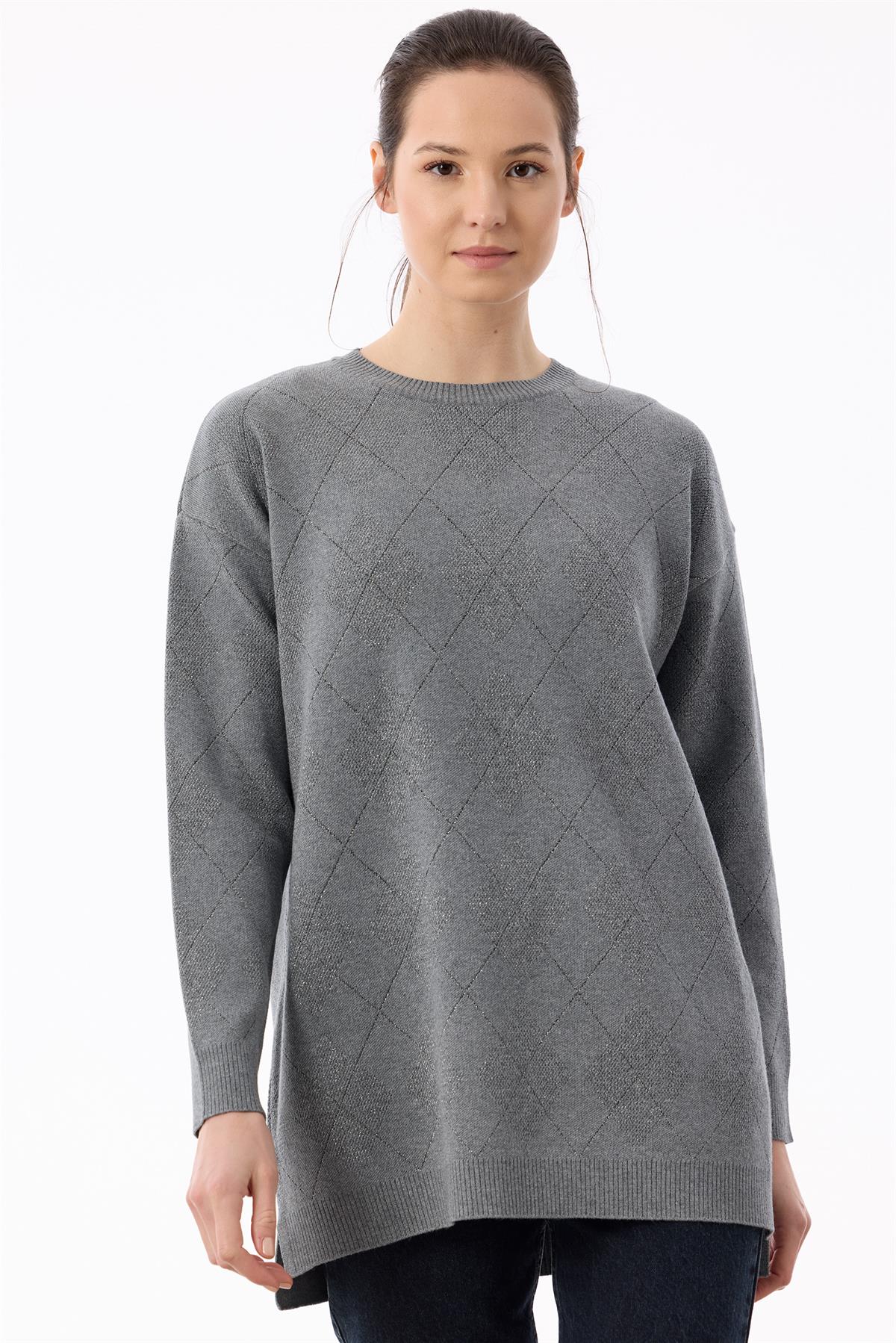 Baklava Desenli Triko Tunik GRİ MELANJ