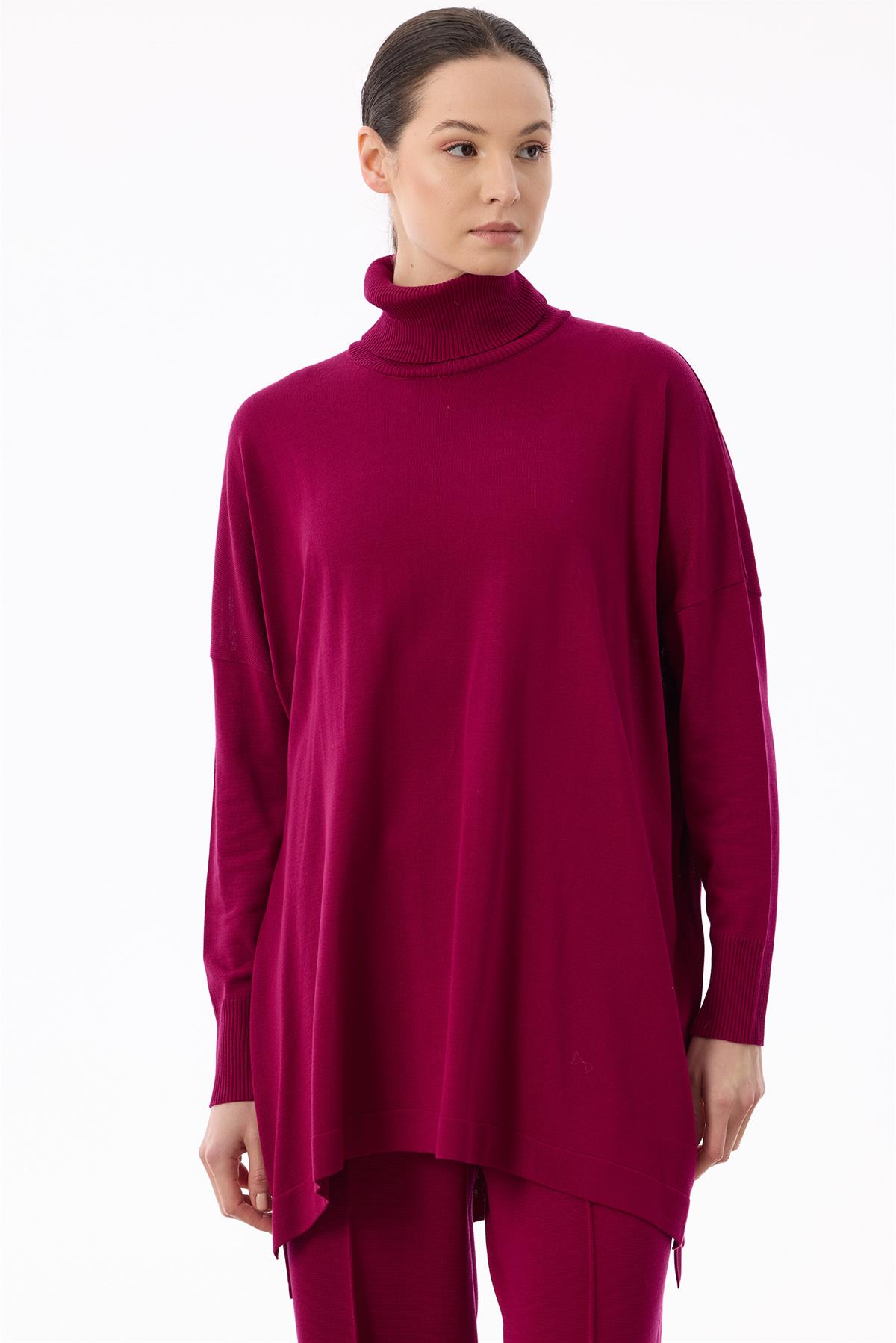 Balıkçı Yaka Oversize Basic Triko Tunik FUŞYA