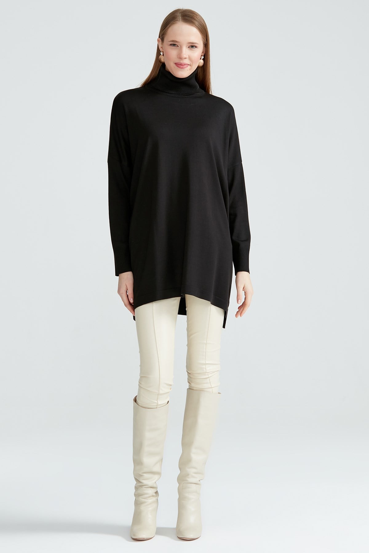 Balıkçı Yaka Oversize Basic Triko Tunik SİYAH