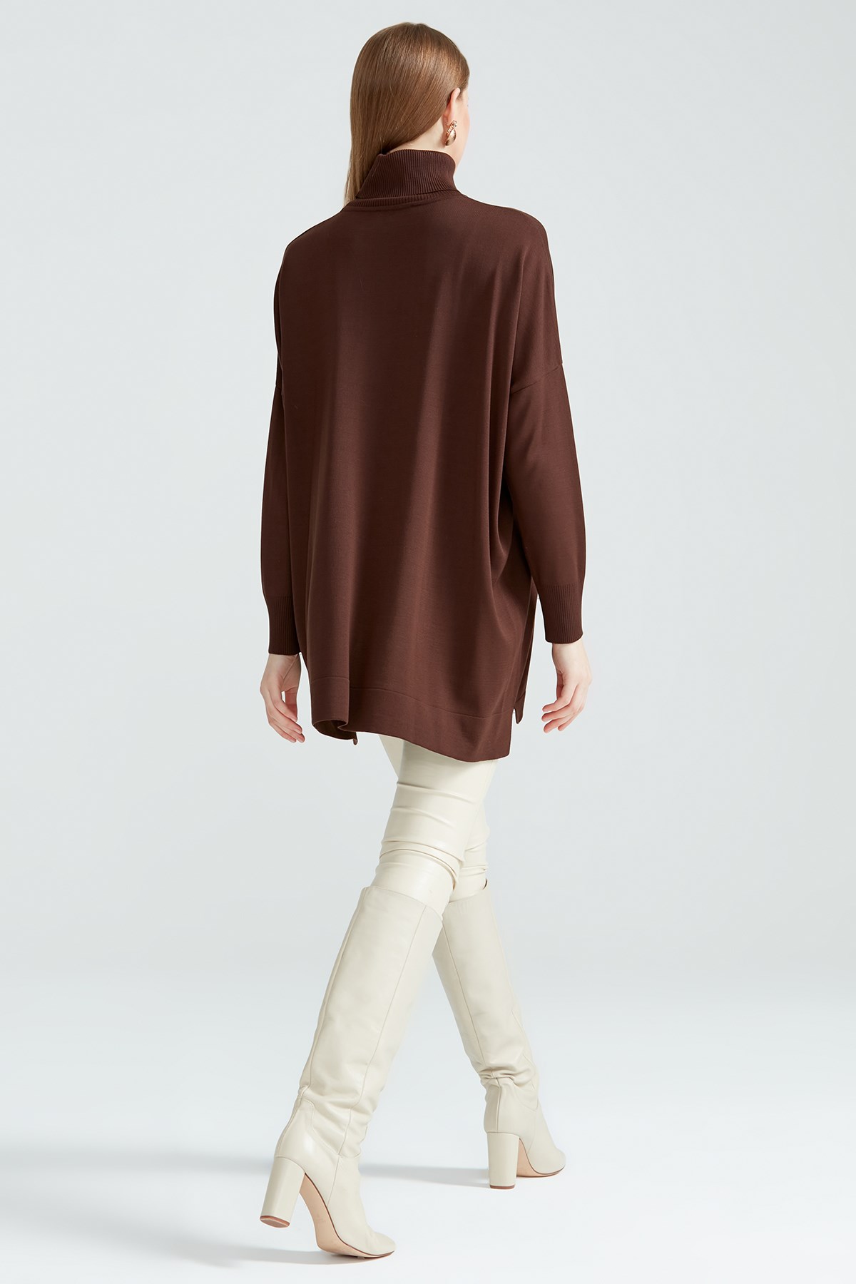 Balıkçı Yaka Oversize Basic Triko Tunik ACI KAHVE