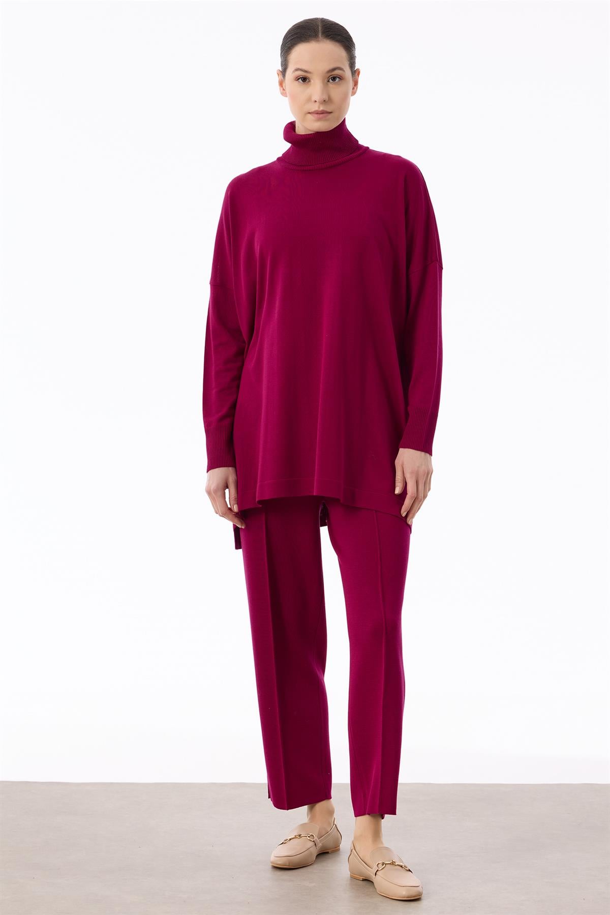 Balıkçı Yaka Oversize Basic Triko Tunik FUŞYA