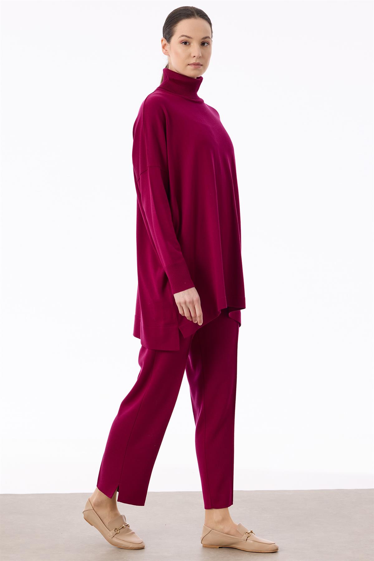 Balıkçı Yaka Oversize Basic Triko Tunik FUŞYA