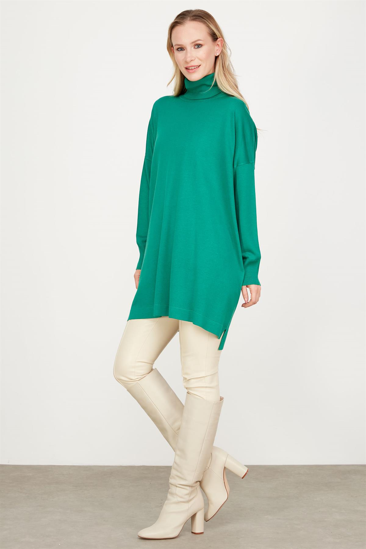 Balıkçı Yaka Oversize Basic Triko Tunik YEŞİL