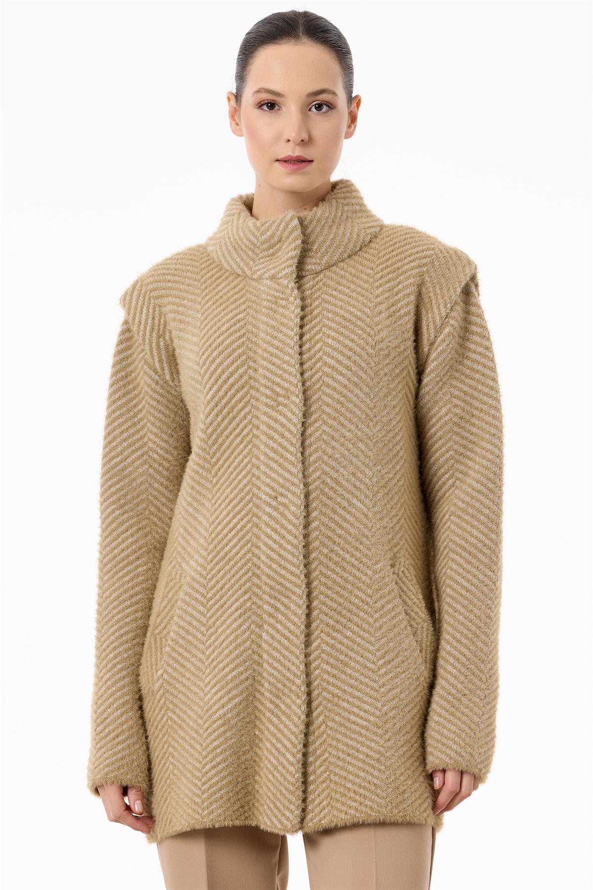 Balıksırtı Desenli Mink Kaban CAMEL