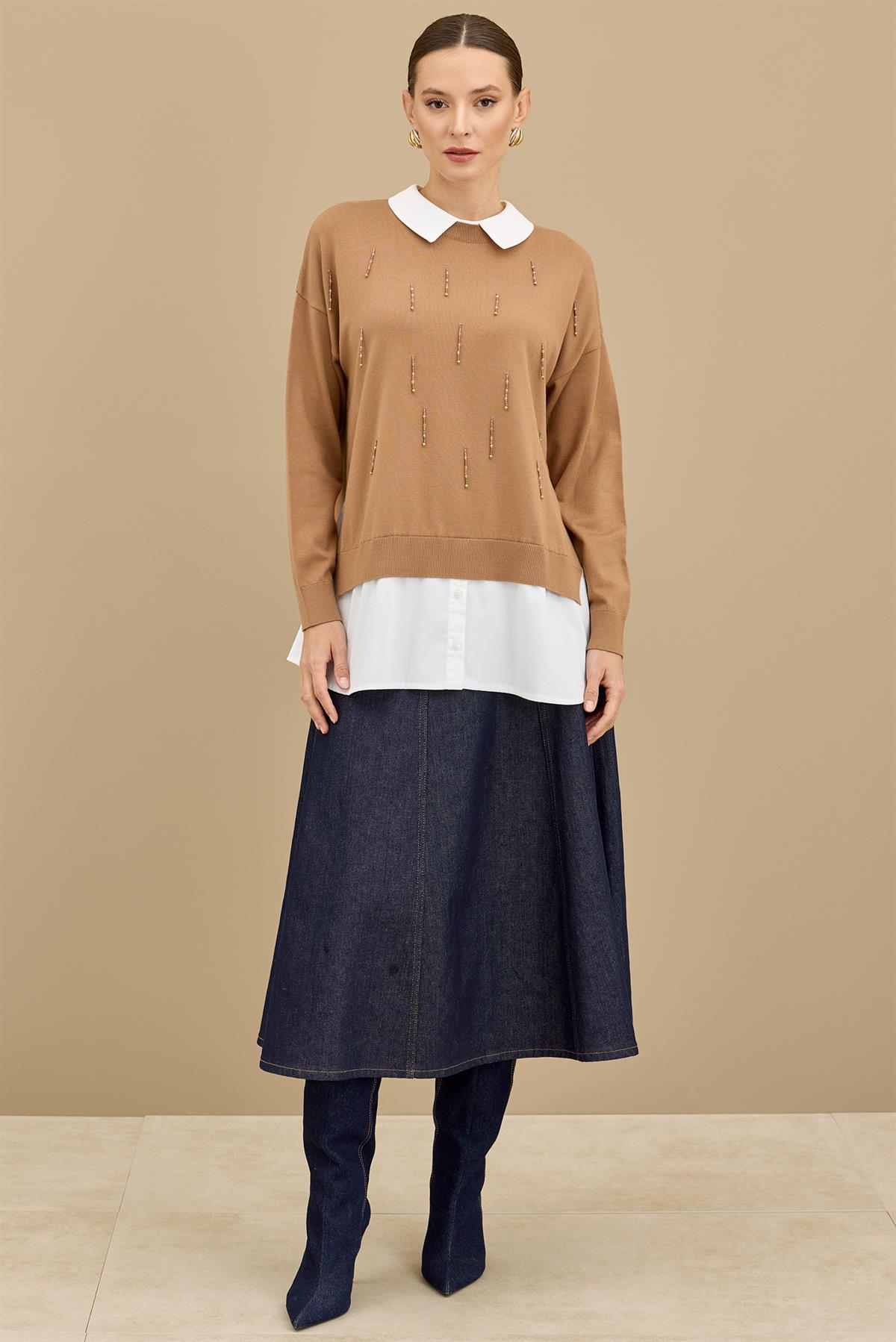 Boncuk İşlemeli Gömlek Detaylı Tunik CAMEL