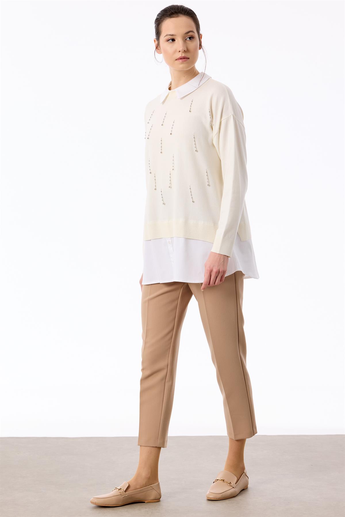 Boncuk İşlemeli Gömlek Detaylı Tunik EKRU