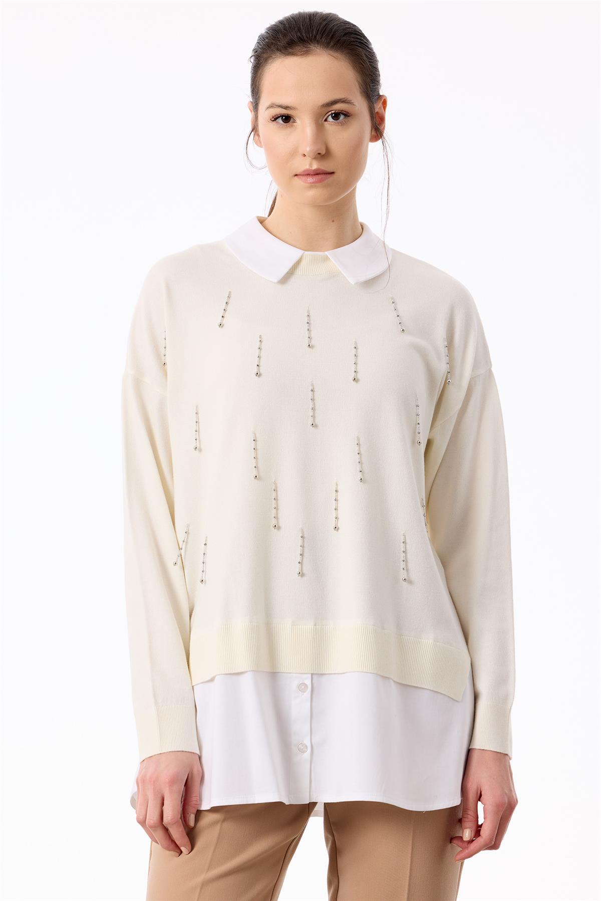 Boncuk İşlemeli Gömlek Detaylı Tunik EKRU