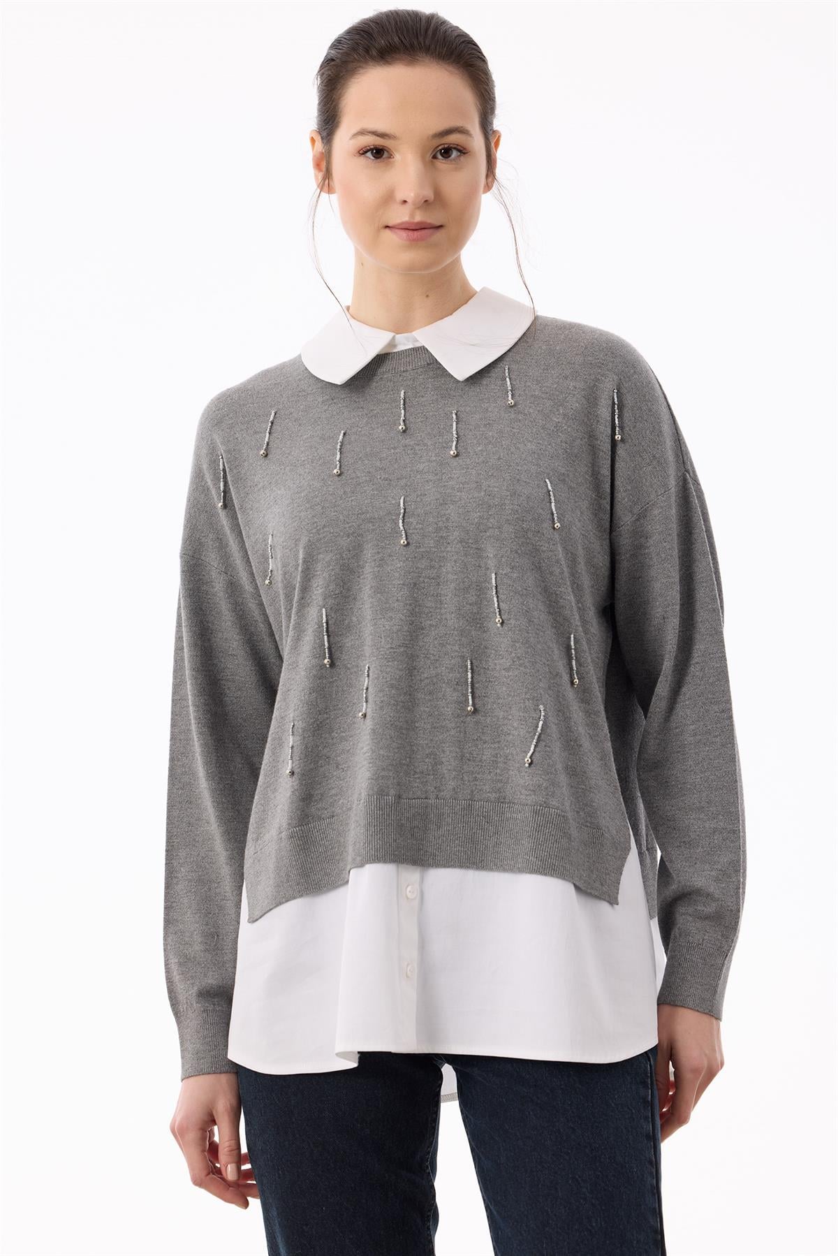 Boncuk İşlemeli Gömlek Detaylı Tunik GRİ