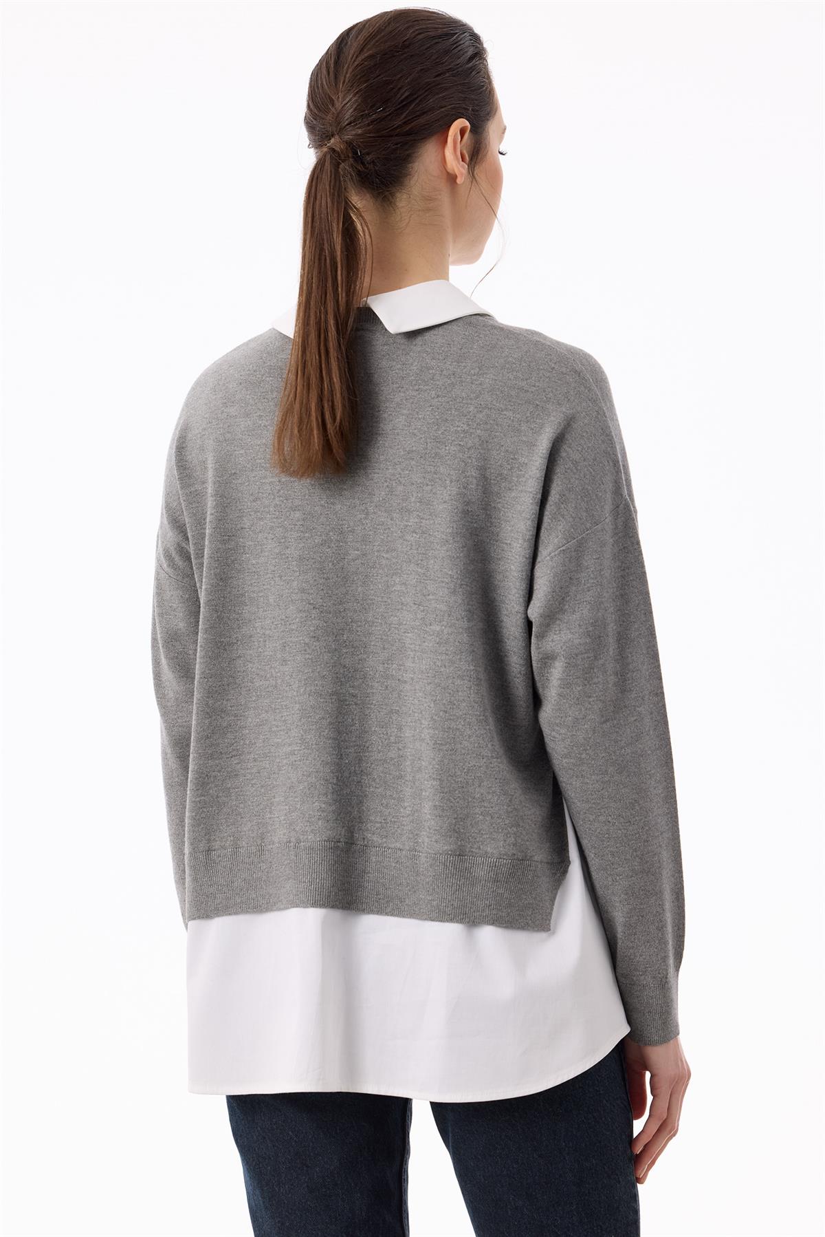 Boncuk İşlemeli Gömlek Detaylı Tunik GRİ