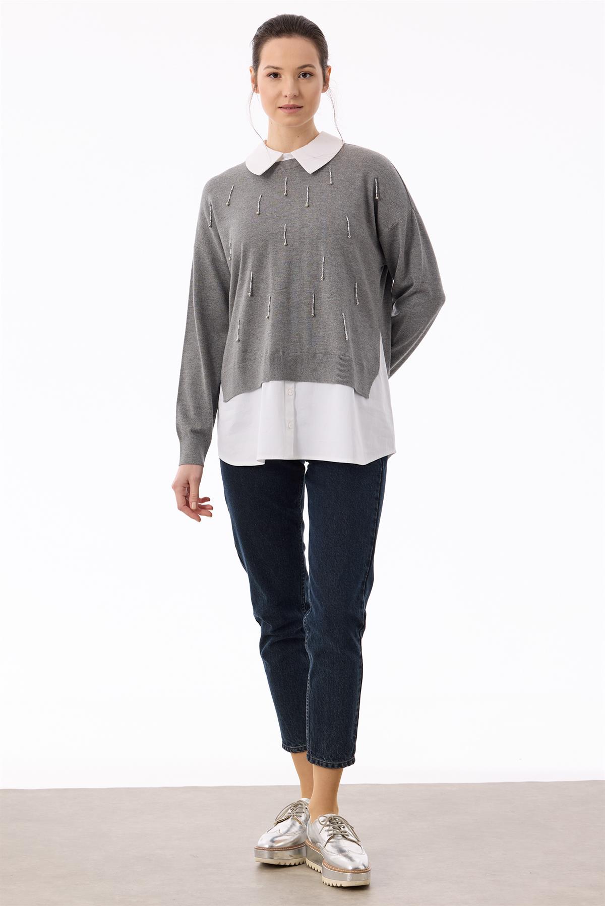 Boncuk İşlemeli Gömlek Detaylı Tunik GRİ