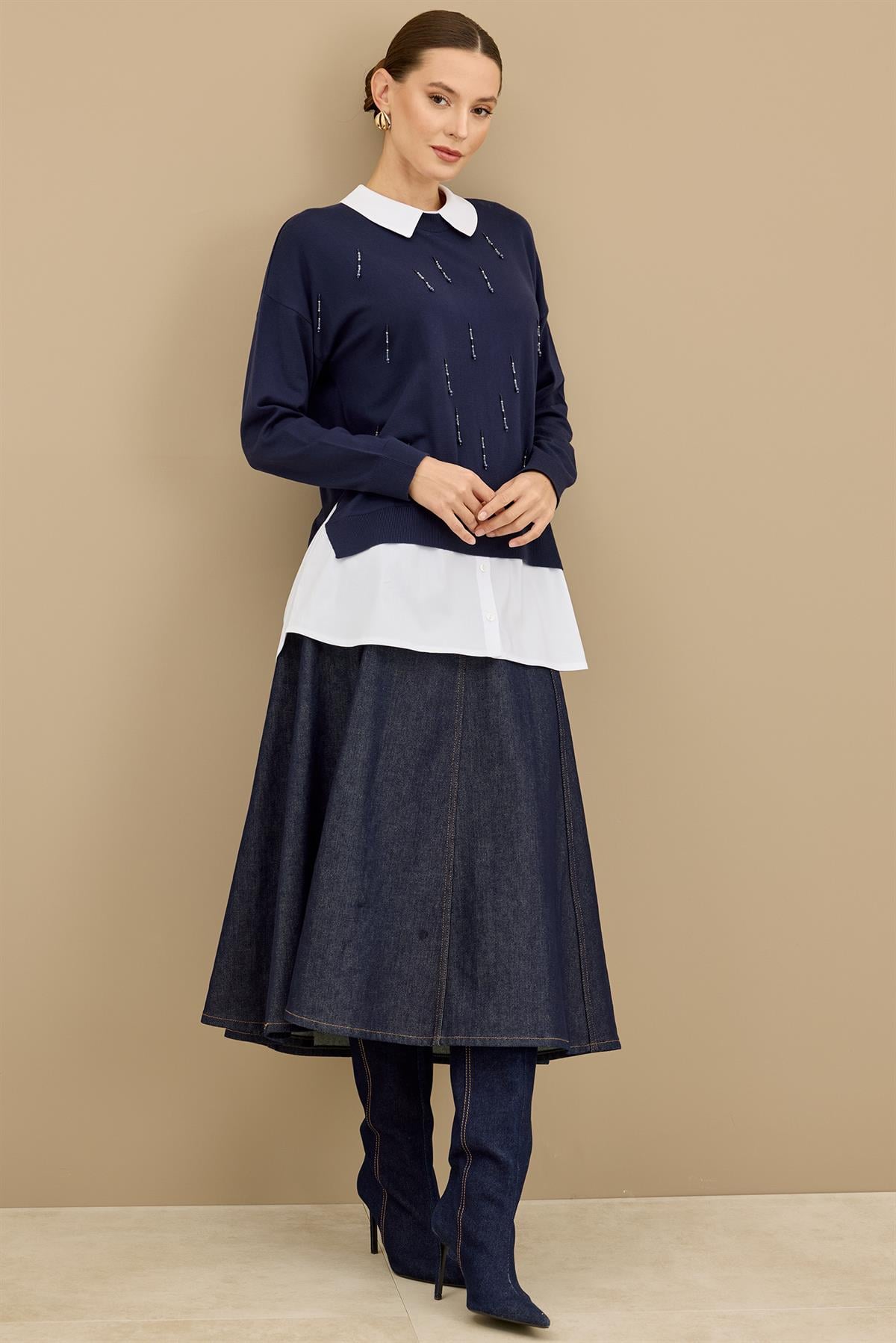 Boncuk İşlemeli Gömlek Detaylı Tunik LACİVERT